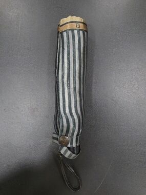 Fendi Black and Gray Striped Folding Umbrella with Gold Accent